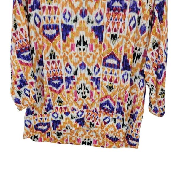 Chicos Multicolor 3/4 Sleeve Boho Peasant Top Sz 3 Ikat Colorful Tribal Rayon - Picture 6 of 9